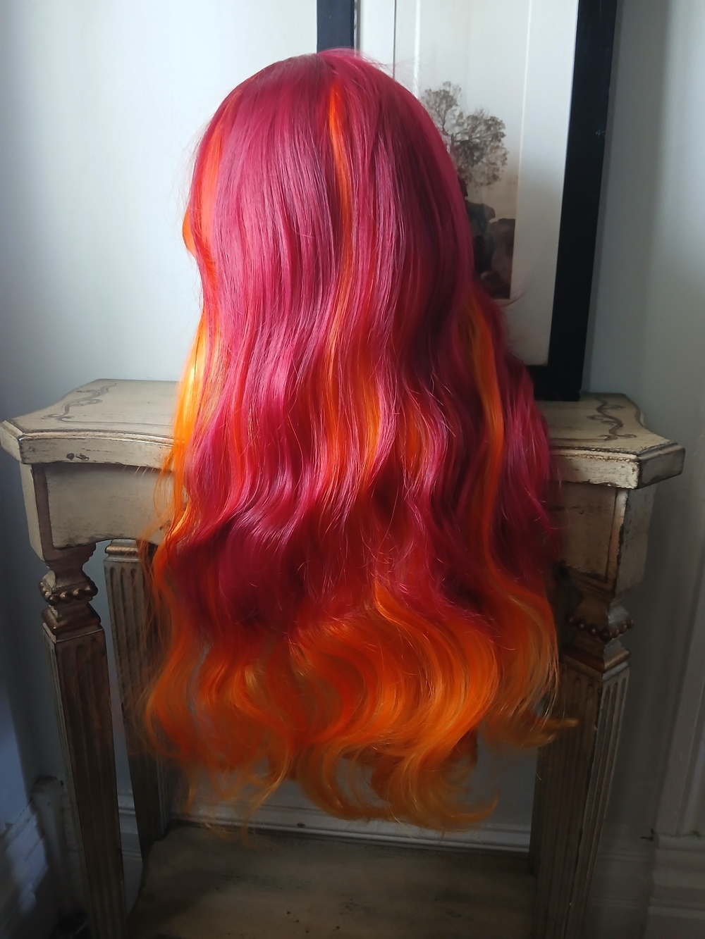 Source Unknown Red and Orange Ombre Long Wavy Wig
